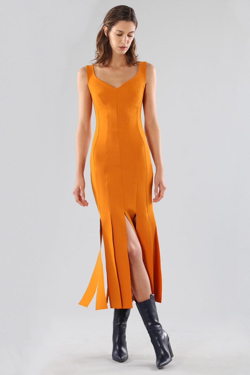 Vendita Abbigliamento Firmato - Abito arancione al ginocchio con frange - Chiara Boni - Drexcode11