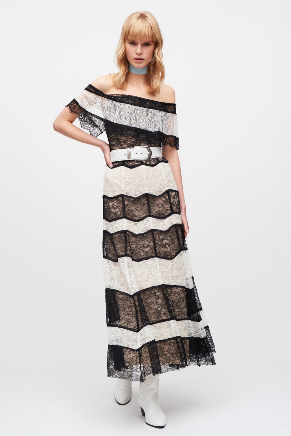 Striped lace off shoulder dress 