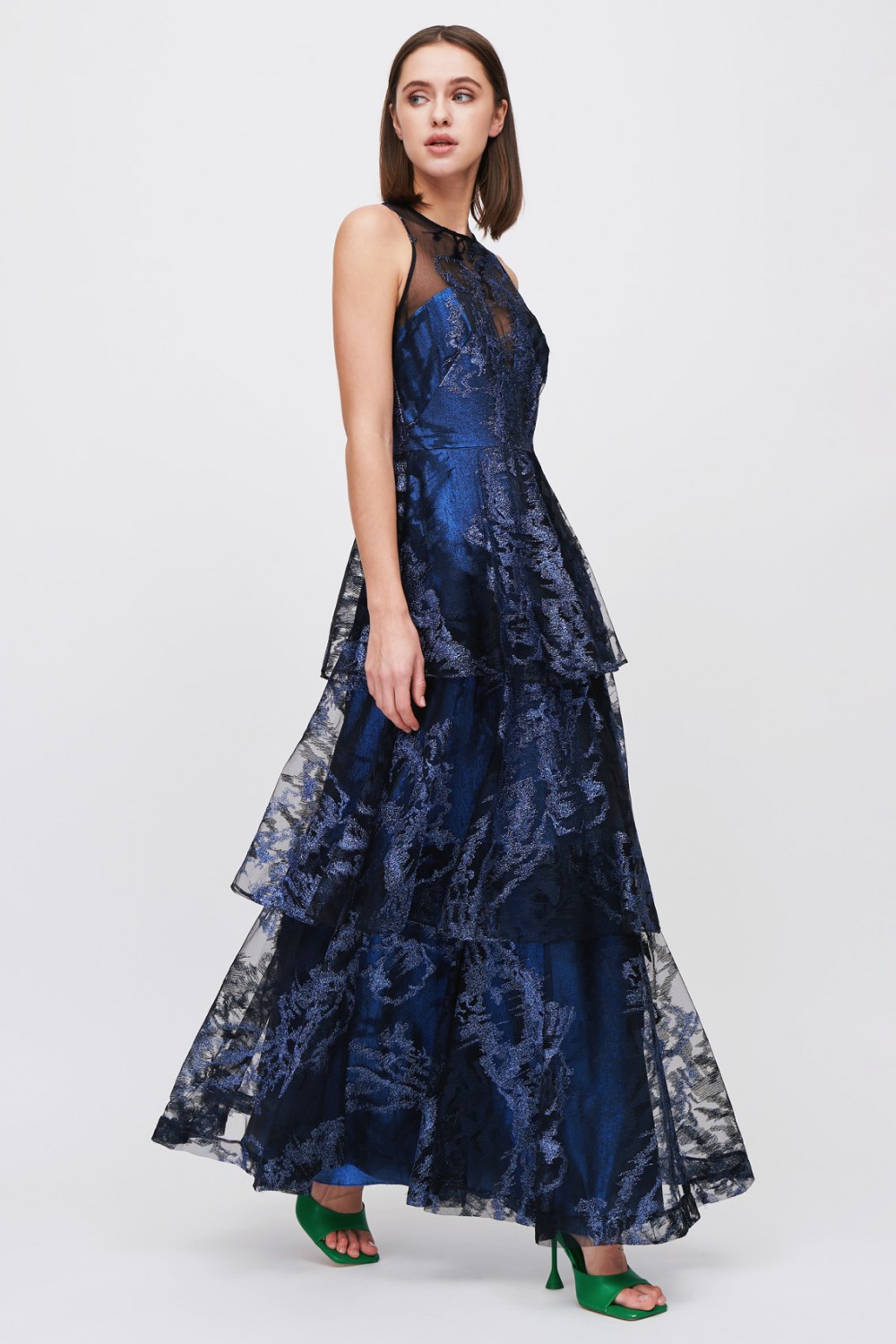 Long flounced dress in blue laminated brocade
