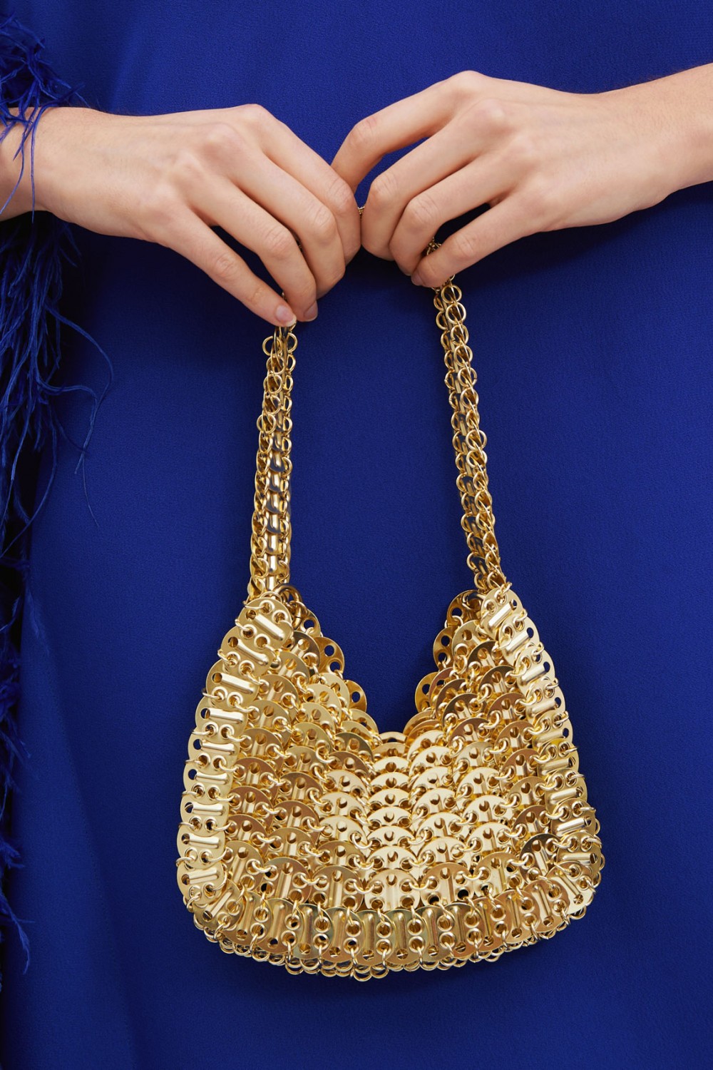 Golden metal mesh handbag