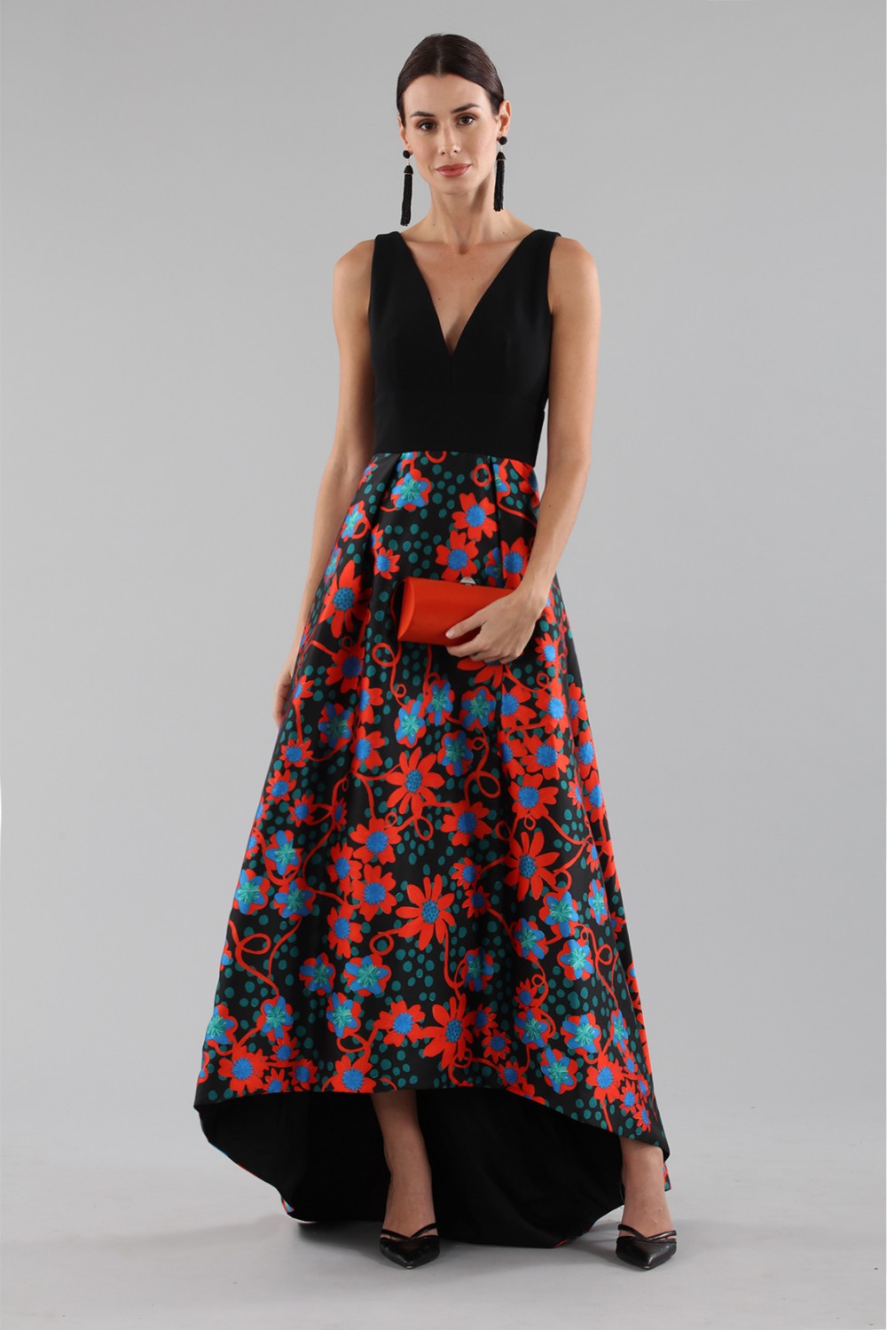 Dress with asymmetric patterned skirt 