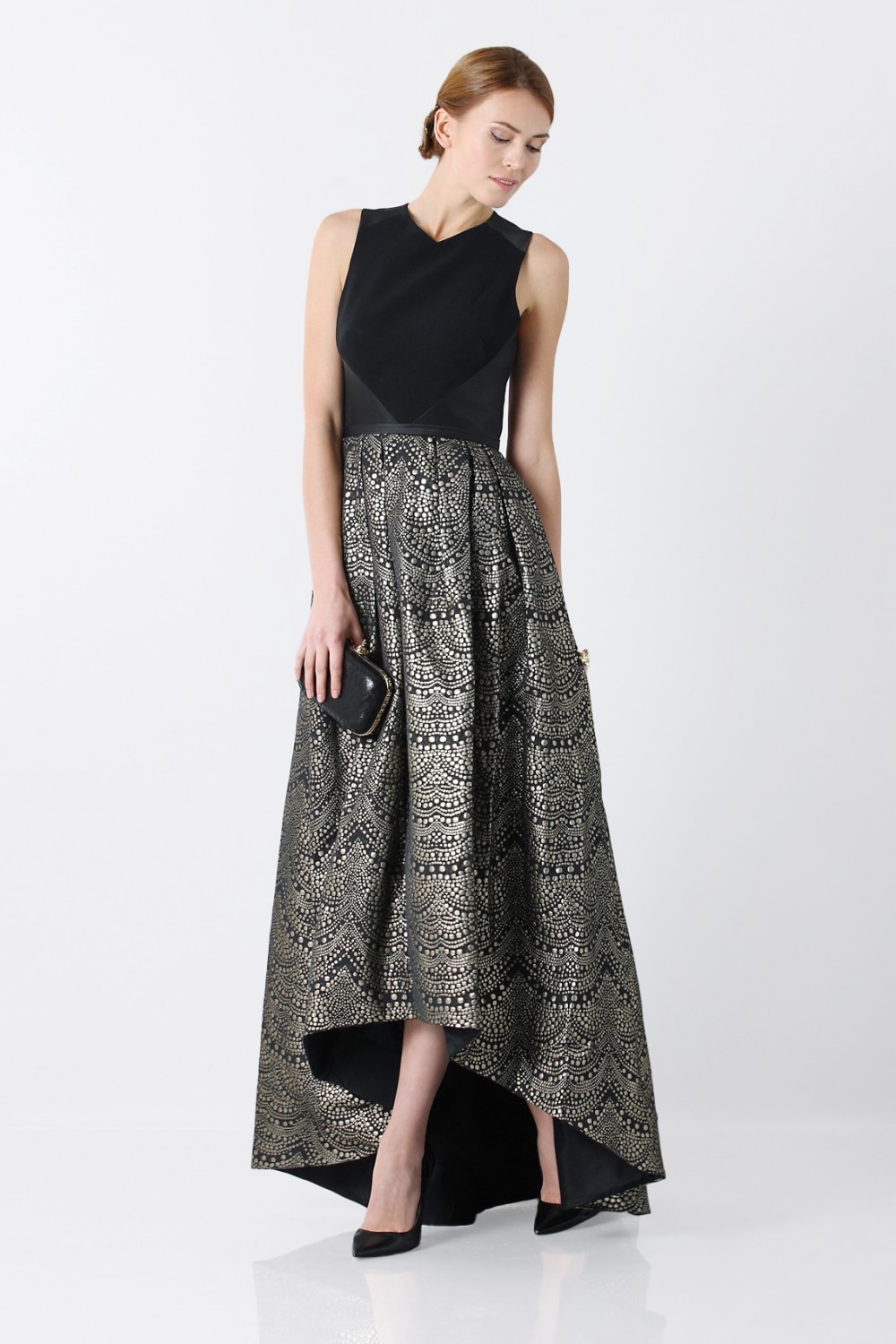 Dress with patterned gold skirt 