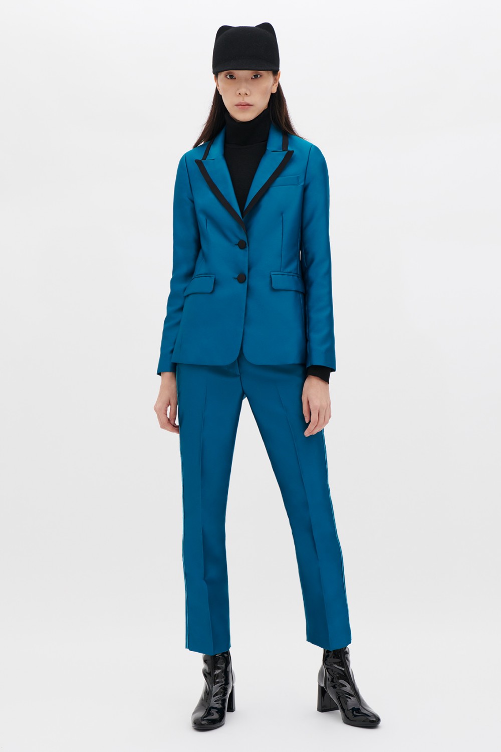 Turquoise satin jacket and trousers
