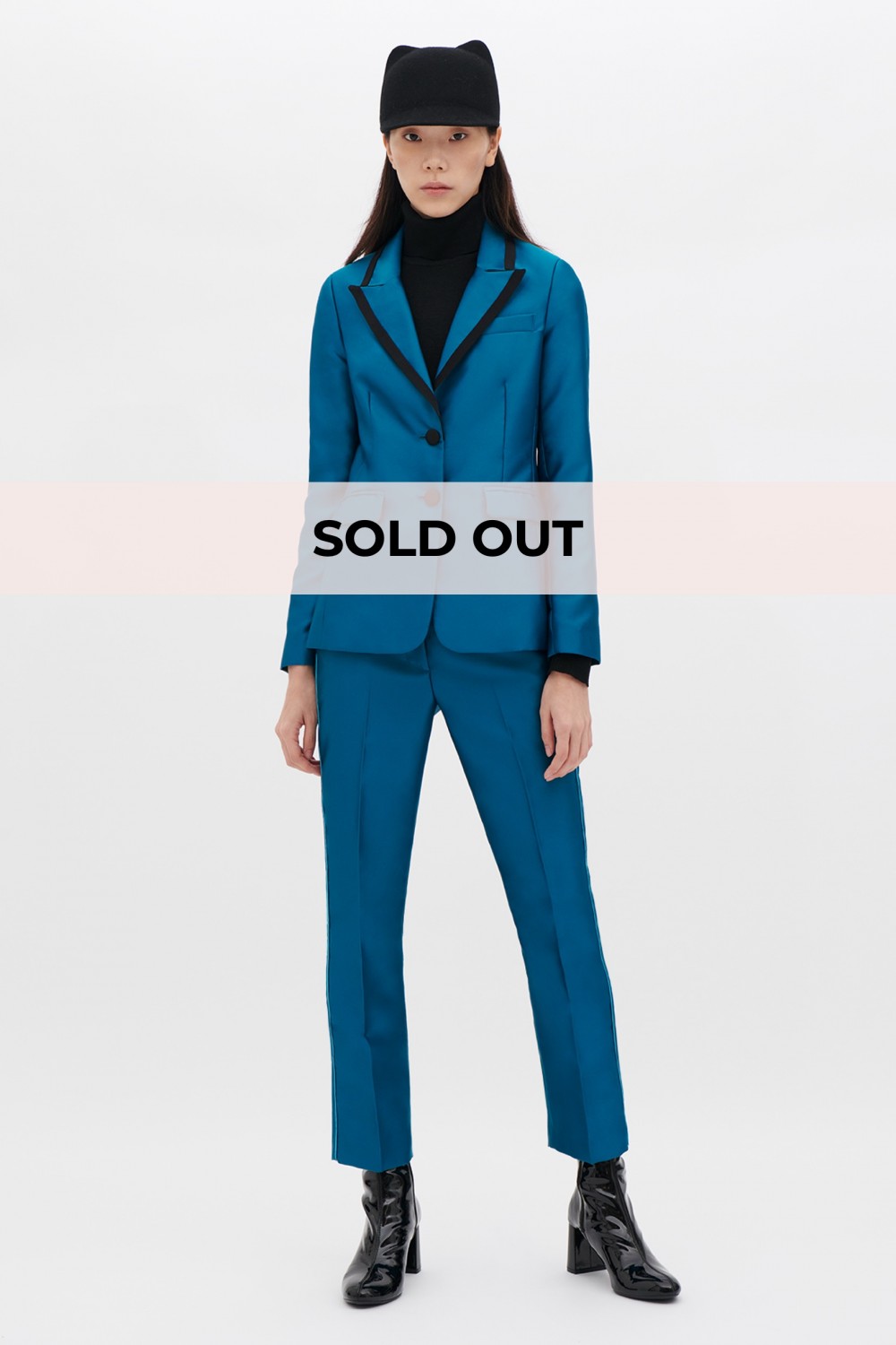 Turquoise satin jacket and trousers