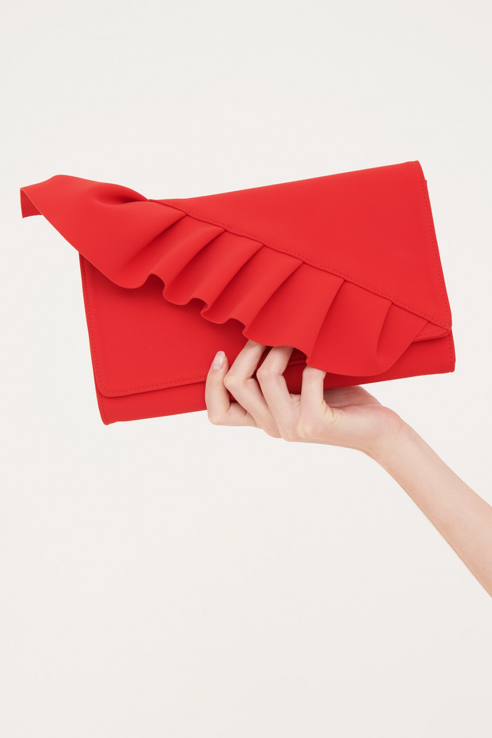 Red clutch with ruffles