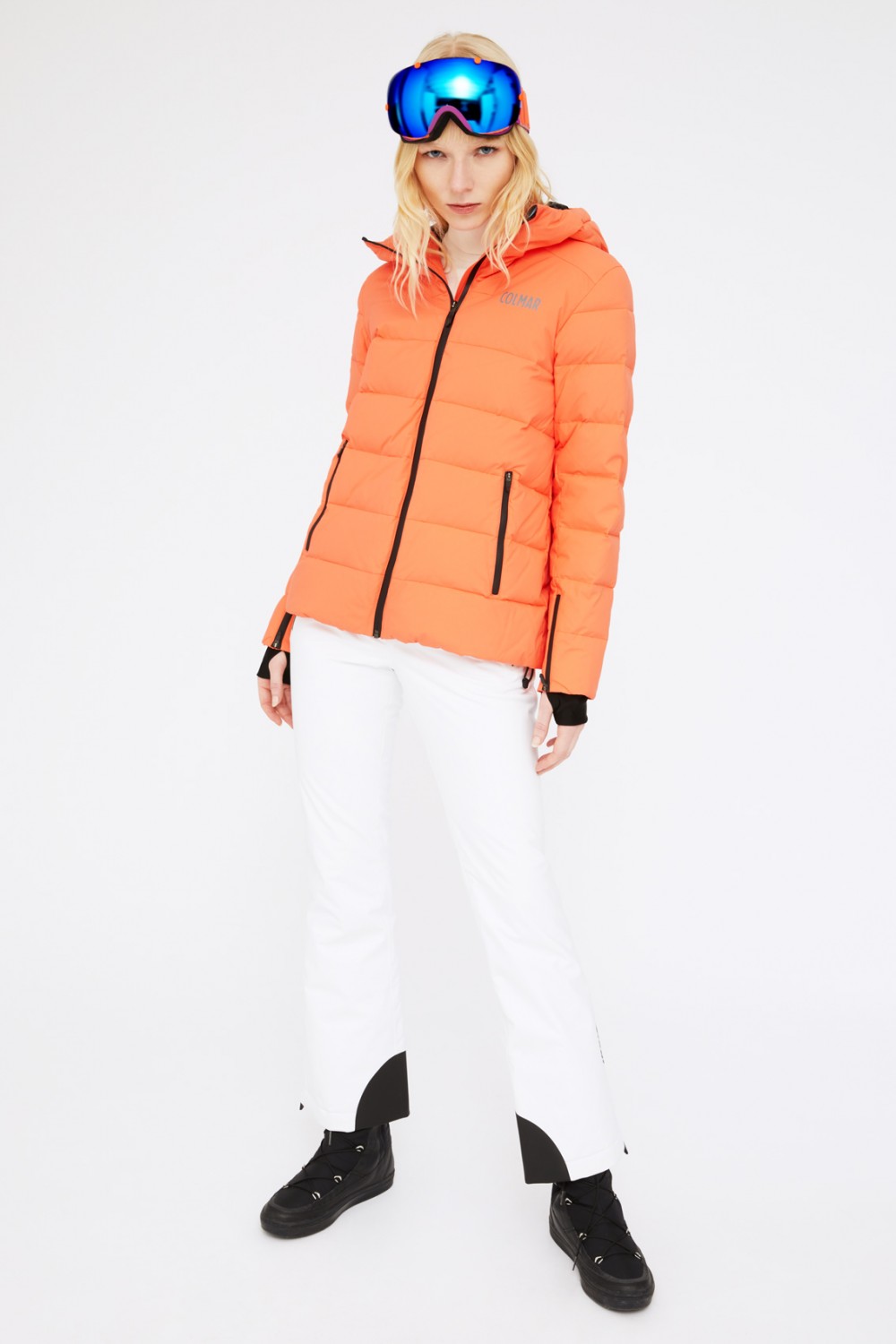 Ski suit with orange jacket