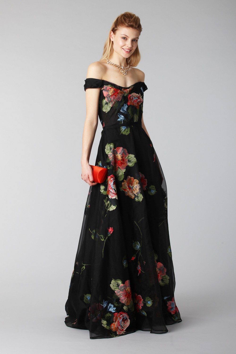 Noleggia online Long off shoulder black dress with floral pattern by ...