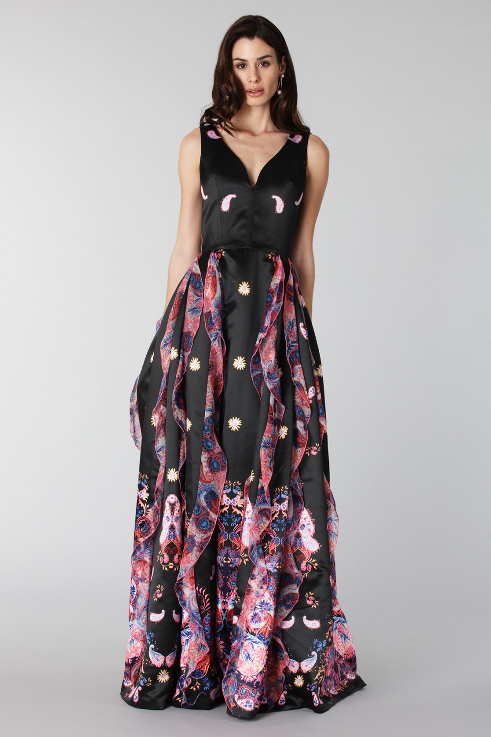 Black silk dress with brocade print