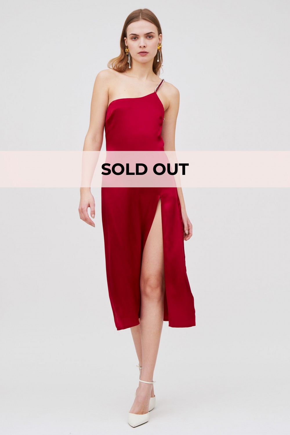 Red one-shoulder midi dress