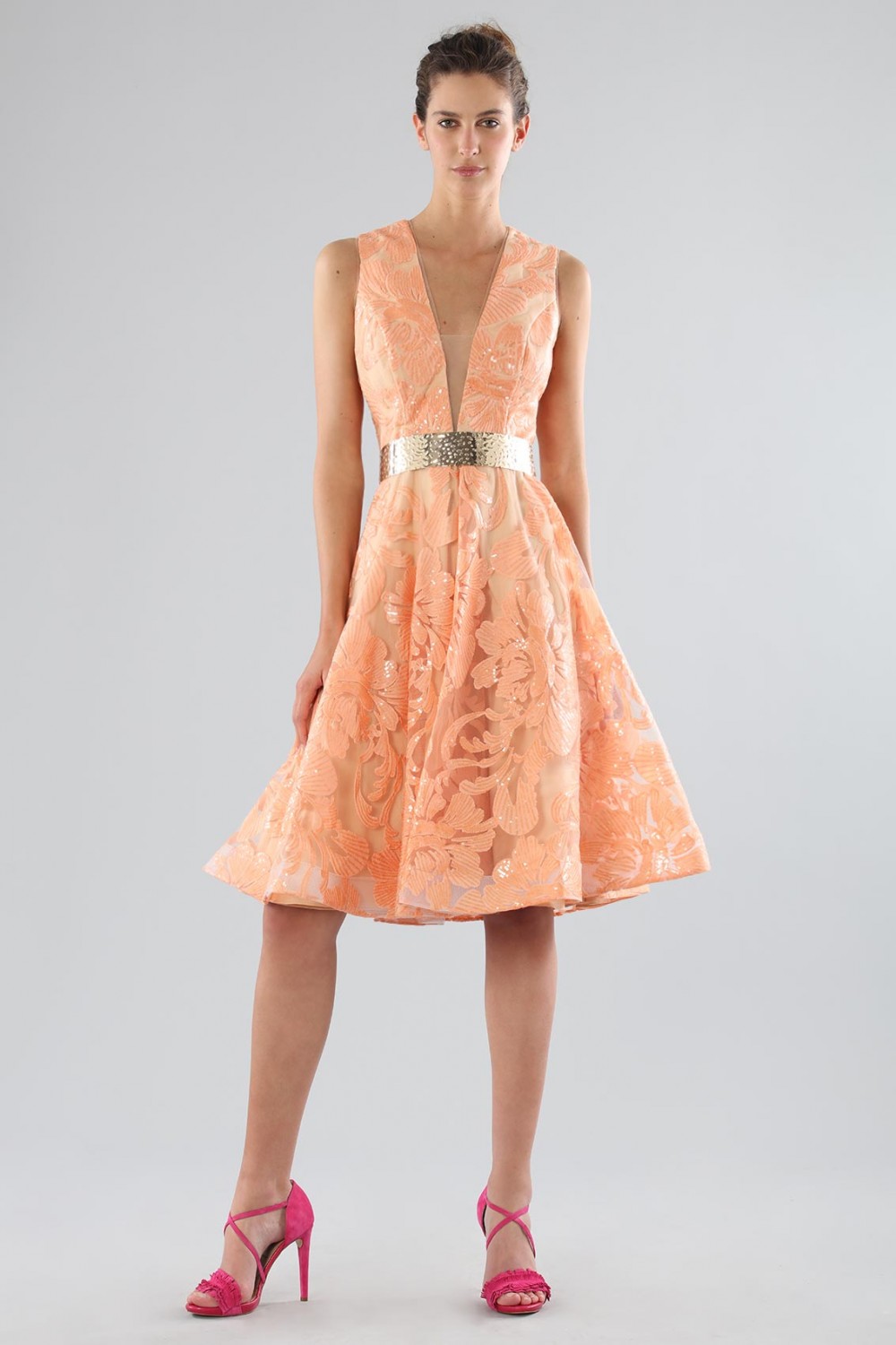 Short peach dress with transparent neckline 