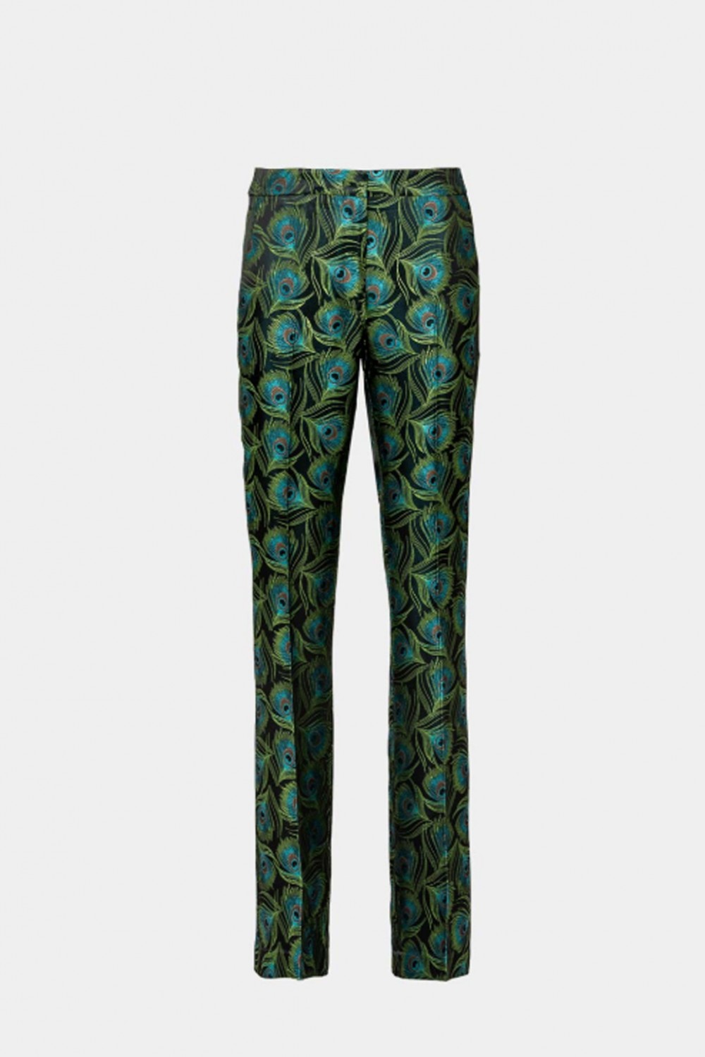 Peacock print trousers