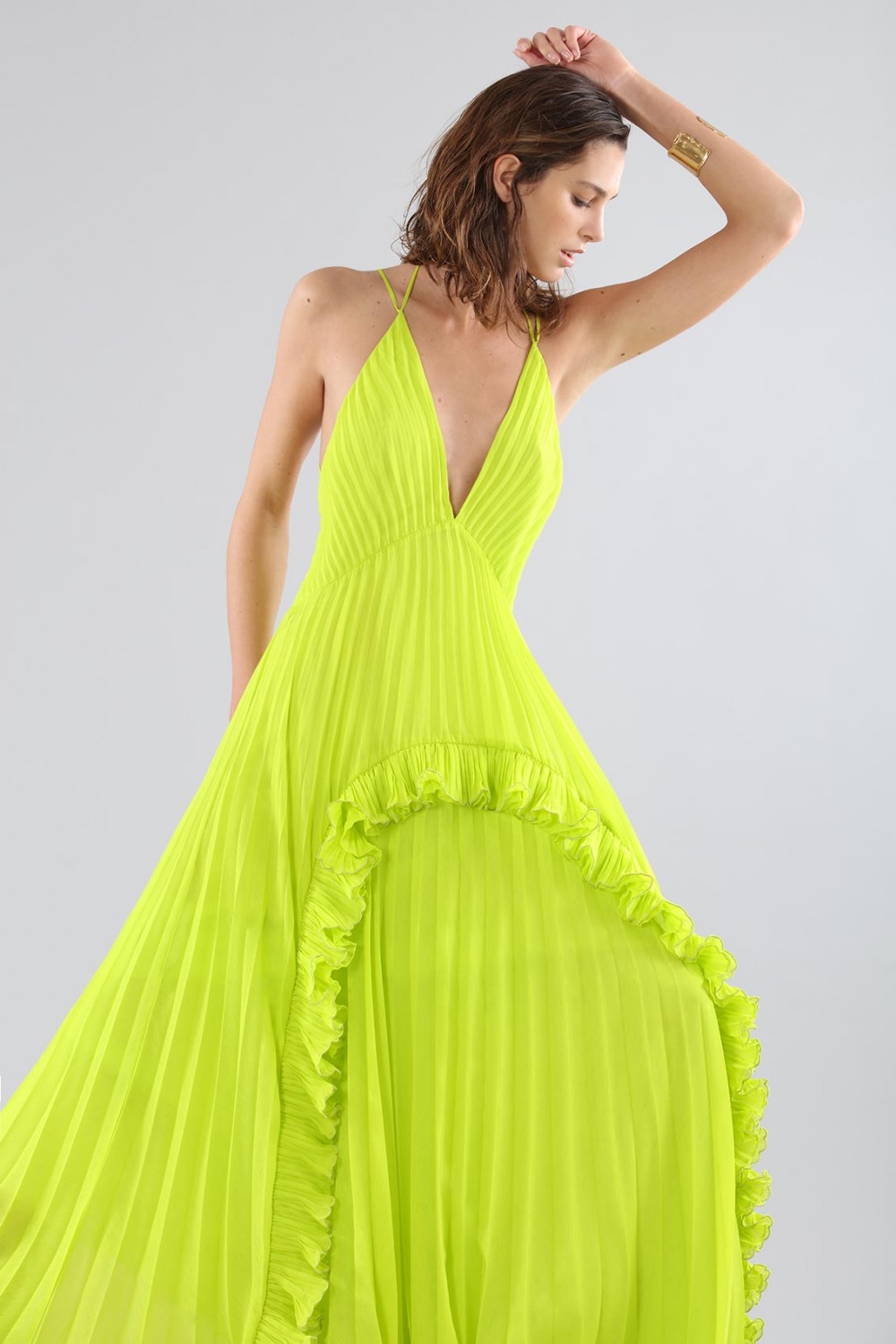 Lime dress with ruffles and back neckline