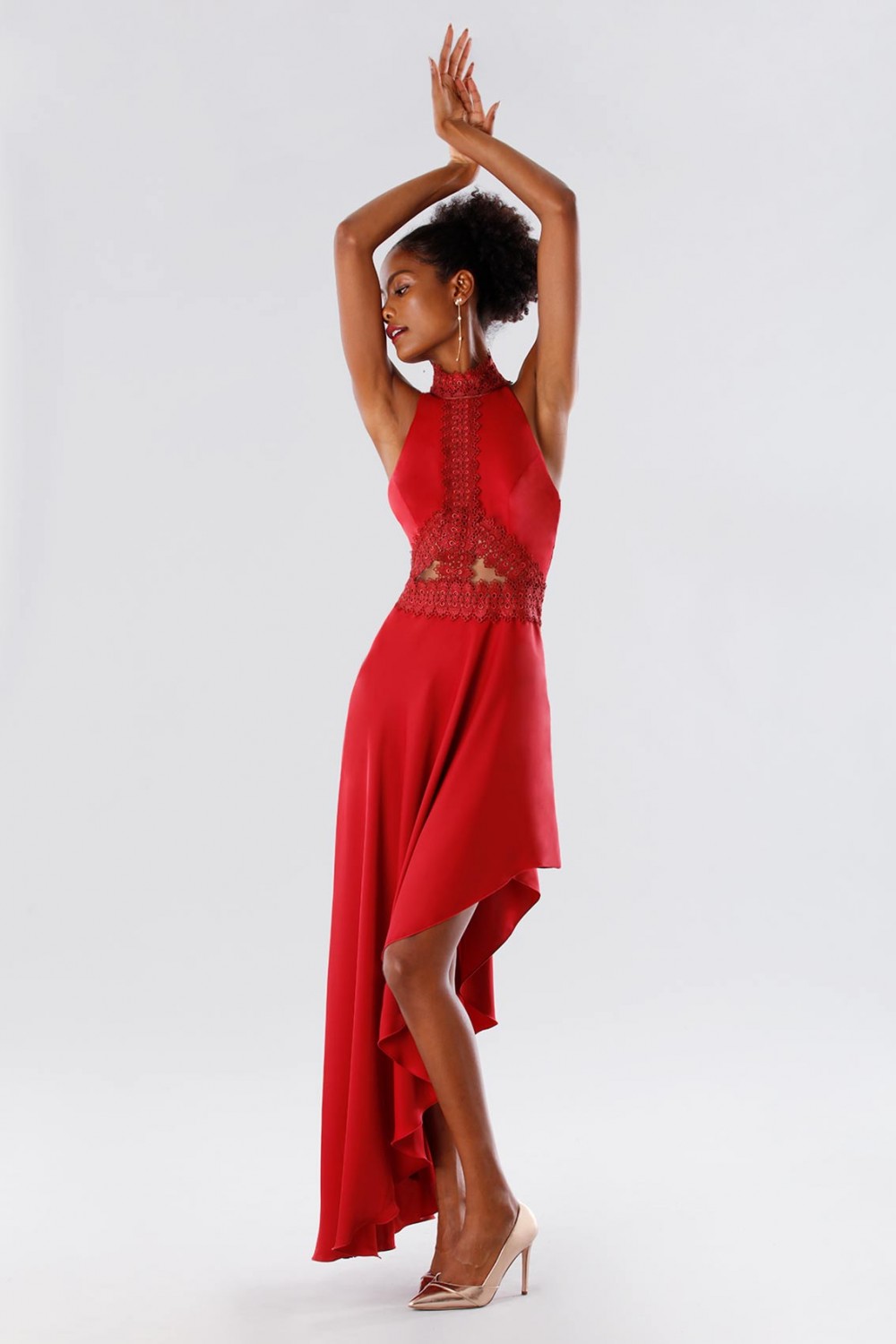 Red asymmetrical dress with transparencies