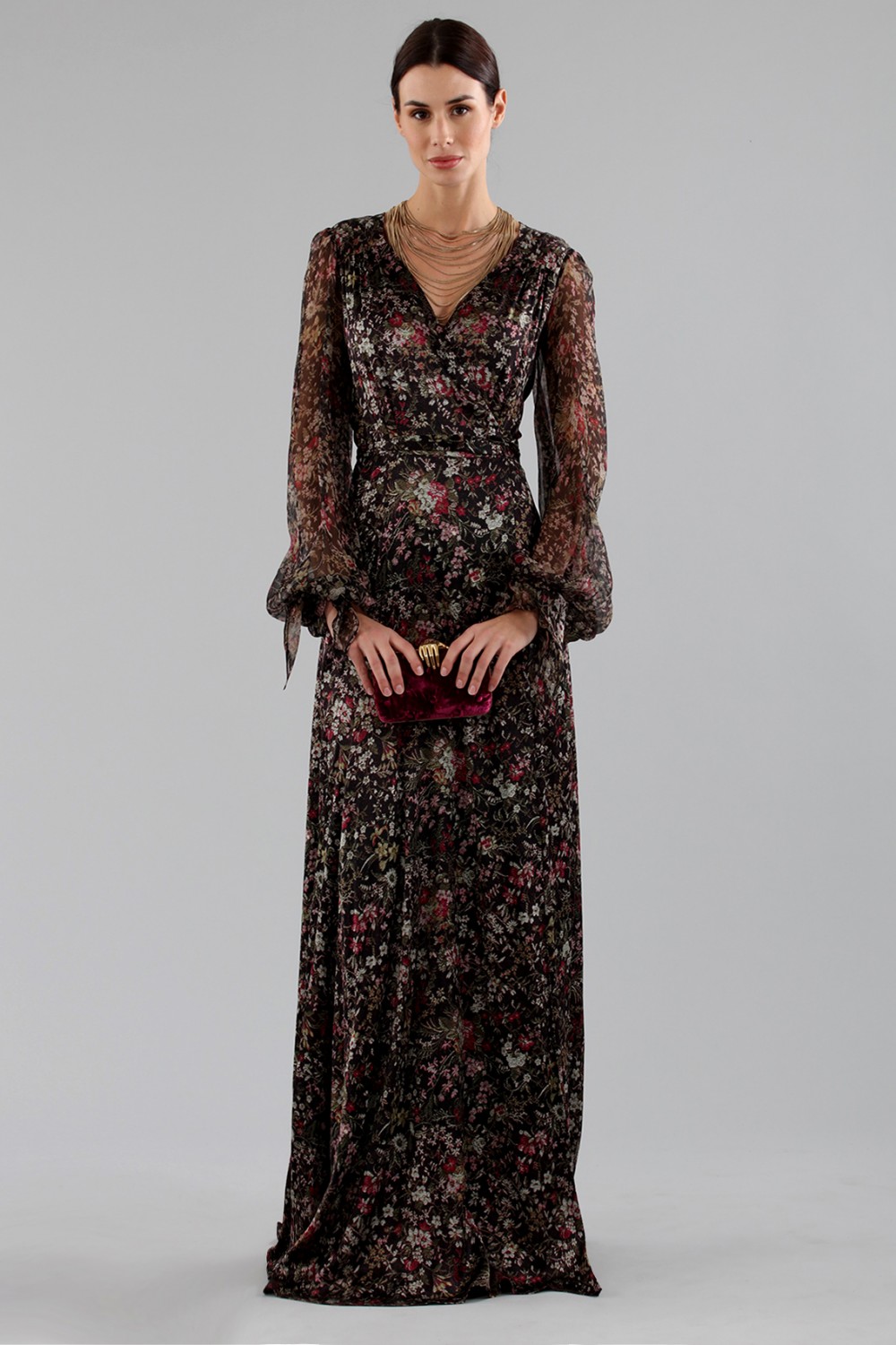 Long wrap dress with floral pattern