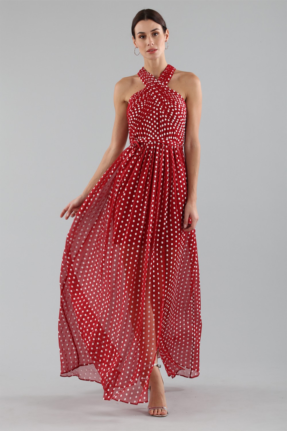Polka-dot dress with wrap cross lacing at the neck 