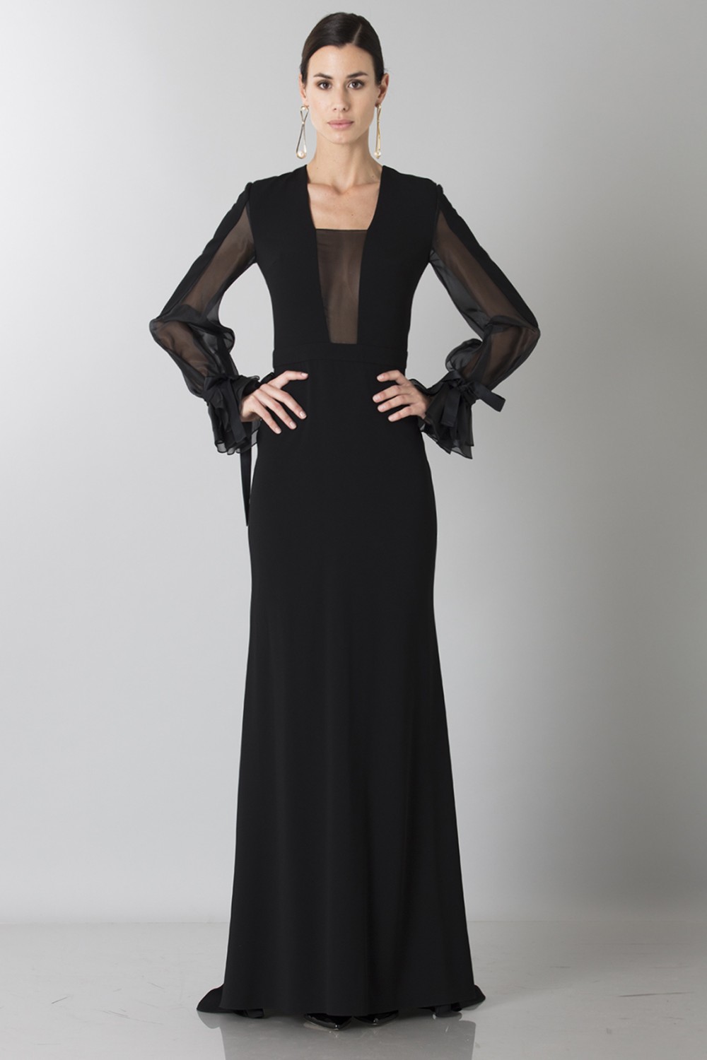 Silk dress with long sleeve and transparent neckline 