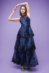 Drexcode - Long dress with brocaded laminé blue ruffles  - Theia - Rent - 3
