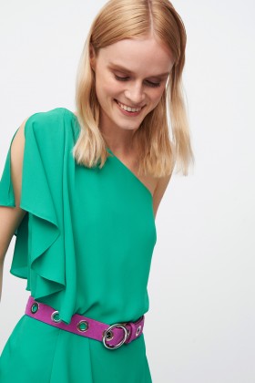 Green dress with asymmetrical sleeves - Halston - Rent Drexcode - 2
