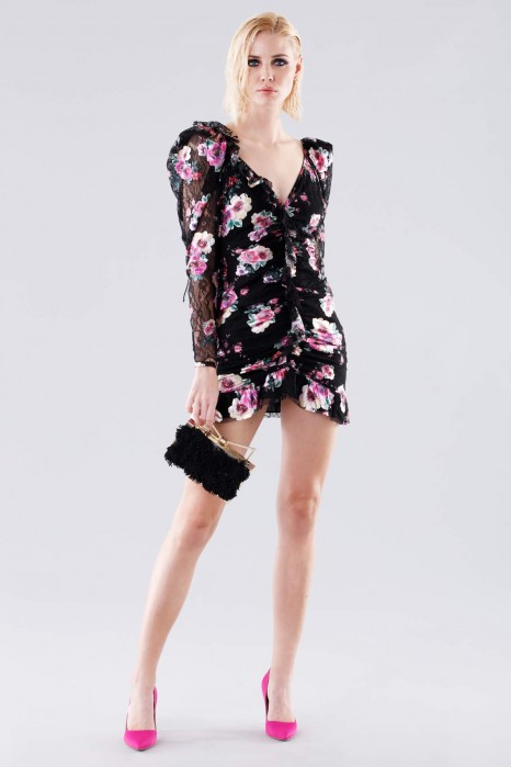 Noleggia online Floral mini dress with lace sleeves by For Love and Lemons  | Drexcode