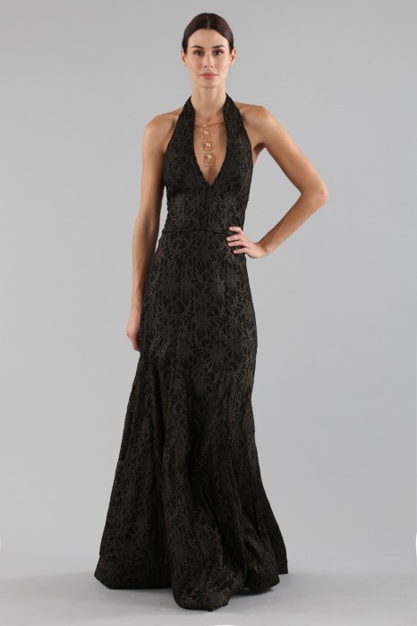 Abito Usato Halston Gold brocade dress with lace