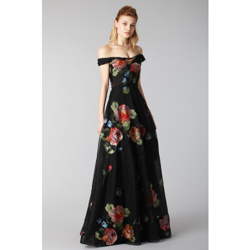 Noleggia online Long off shoulder black dress with floral pattern by ...