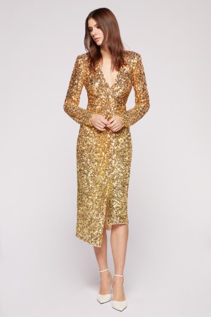 slim fit dress slacks BADGLEY MISCHKA Metallic Gold Sequin Midi Dress UK 10  Reliked