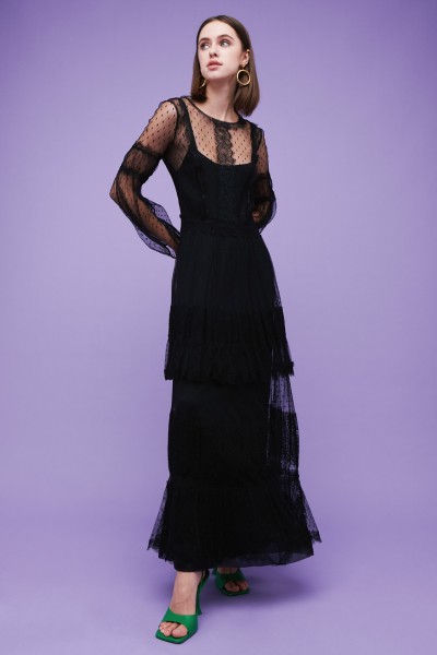 Silk dress with lace inserts and transparencies