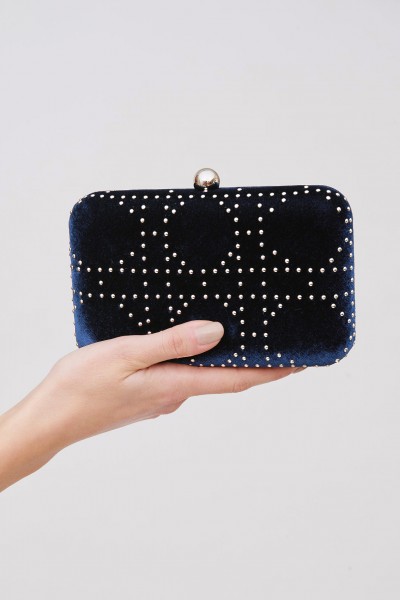 Blue velvet clutch with silver studs