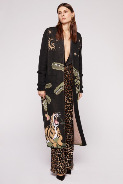 Black duster coat with tiger print