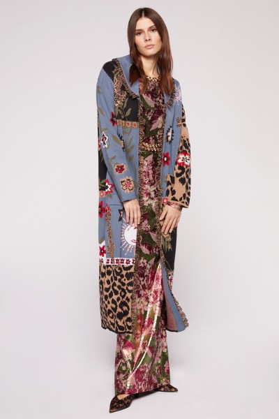 Blue duster coat with animal print,