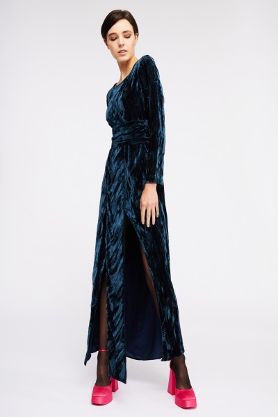 Blue velvet dress with slit