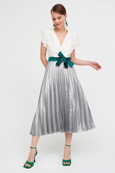 Dress with metallic pleated skirt