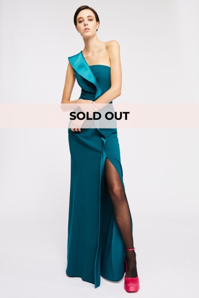 One-shoulder long teal dress