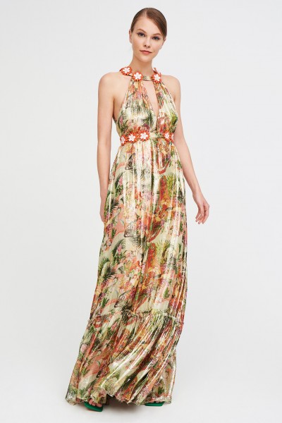 Long shiny dress with floral pattern