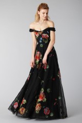 Drexcode - Robe longue noire avec motif floral à épaules dénudées  - Marchesa Notte - Louer - 1