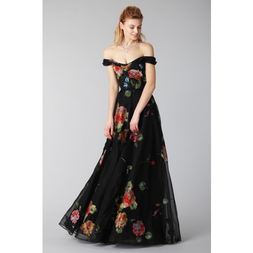 Noleggio Abbigliamento Firmato - Robe longue noire avec motif floral à épaules dénudées - Marchesa Notte - Drexcode -11