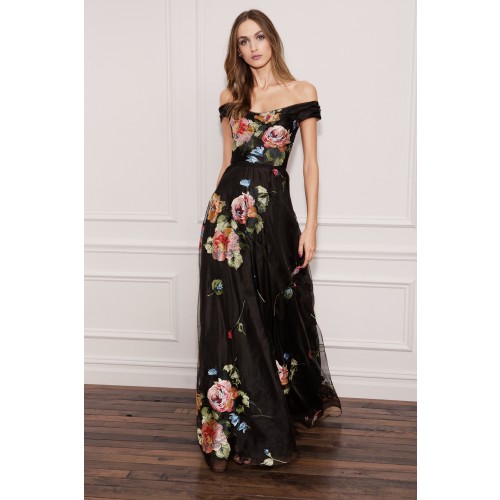 Noleggio Abbigliamento Firmato - Robe longue noire avec motif floral à épaules dénudées - Marchesa Notte - Drexcode -3